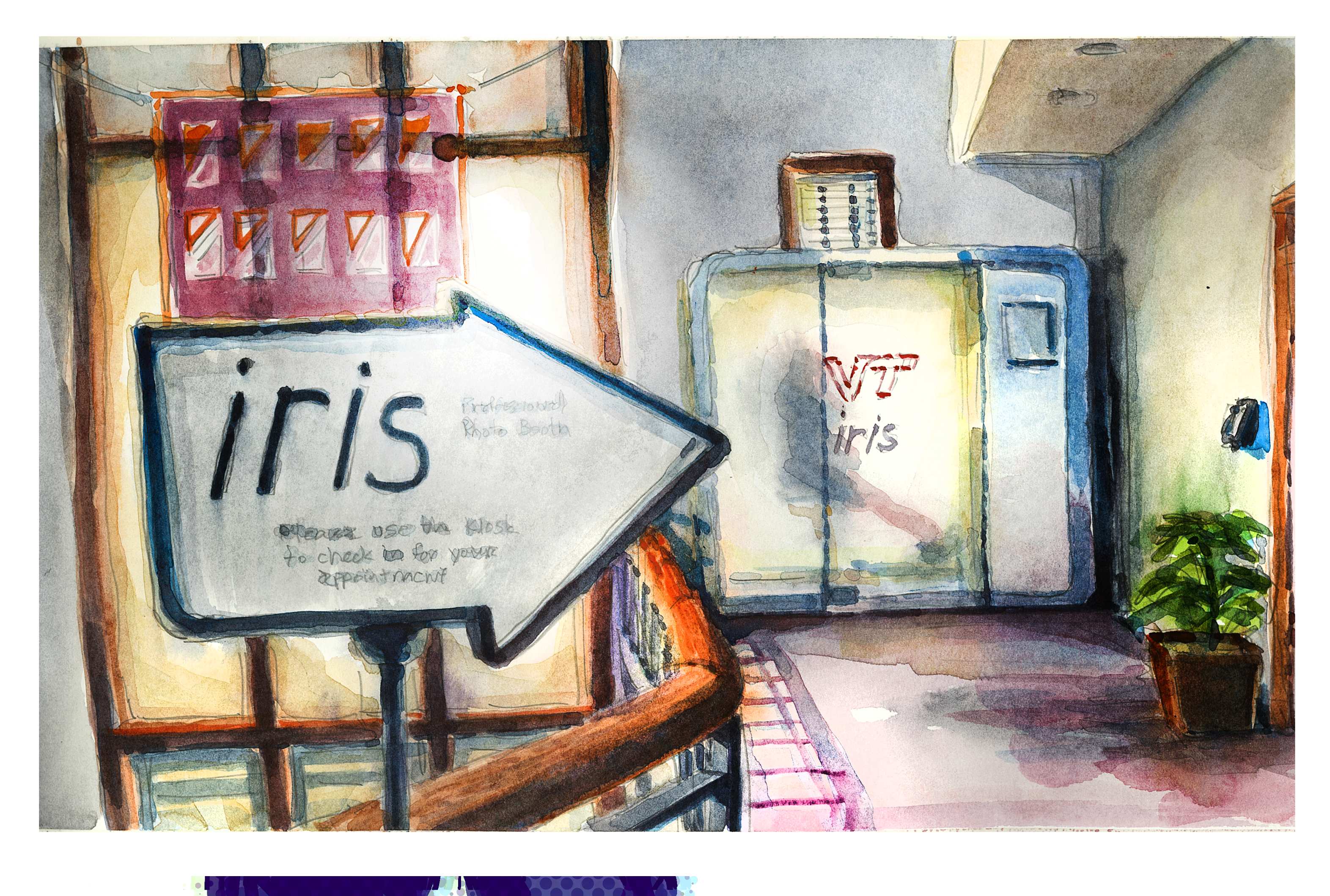 Watercolor sketch of the iris photo booth in career services