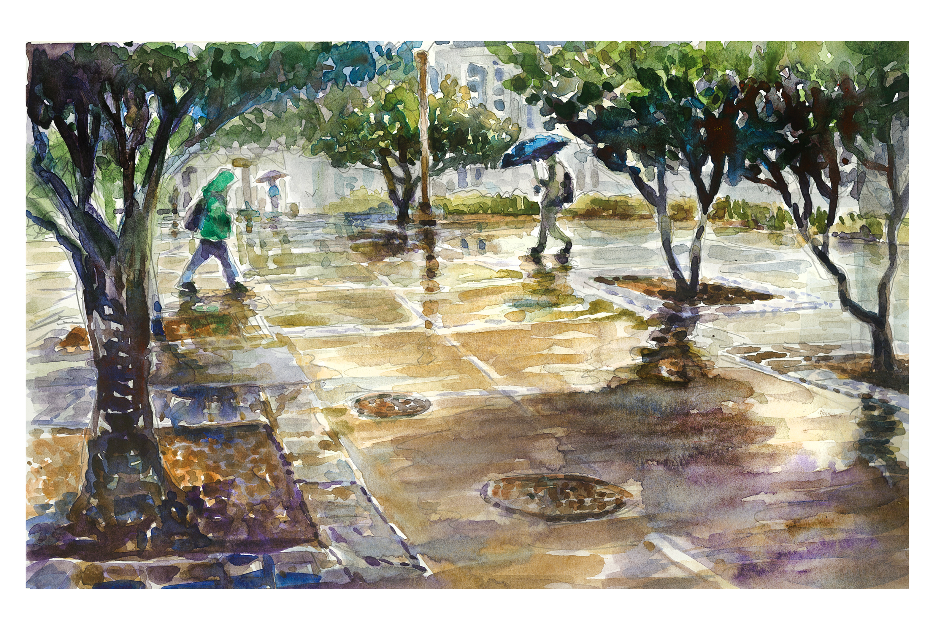 Watercolor sketch of the plaza between cowgill hall and deering hall wat rainy reflections with a person with an umbrella and someone with a rain jacket on