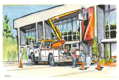 ink and watercolor sketch of banners being installed on the exterior of dietrick