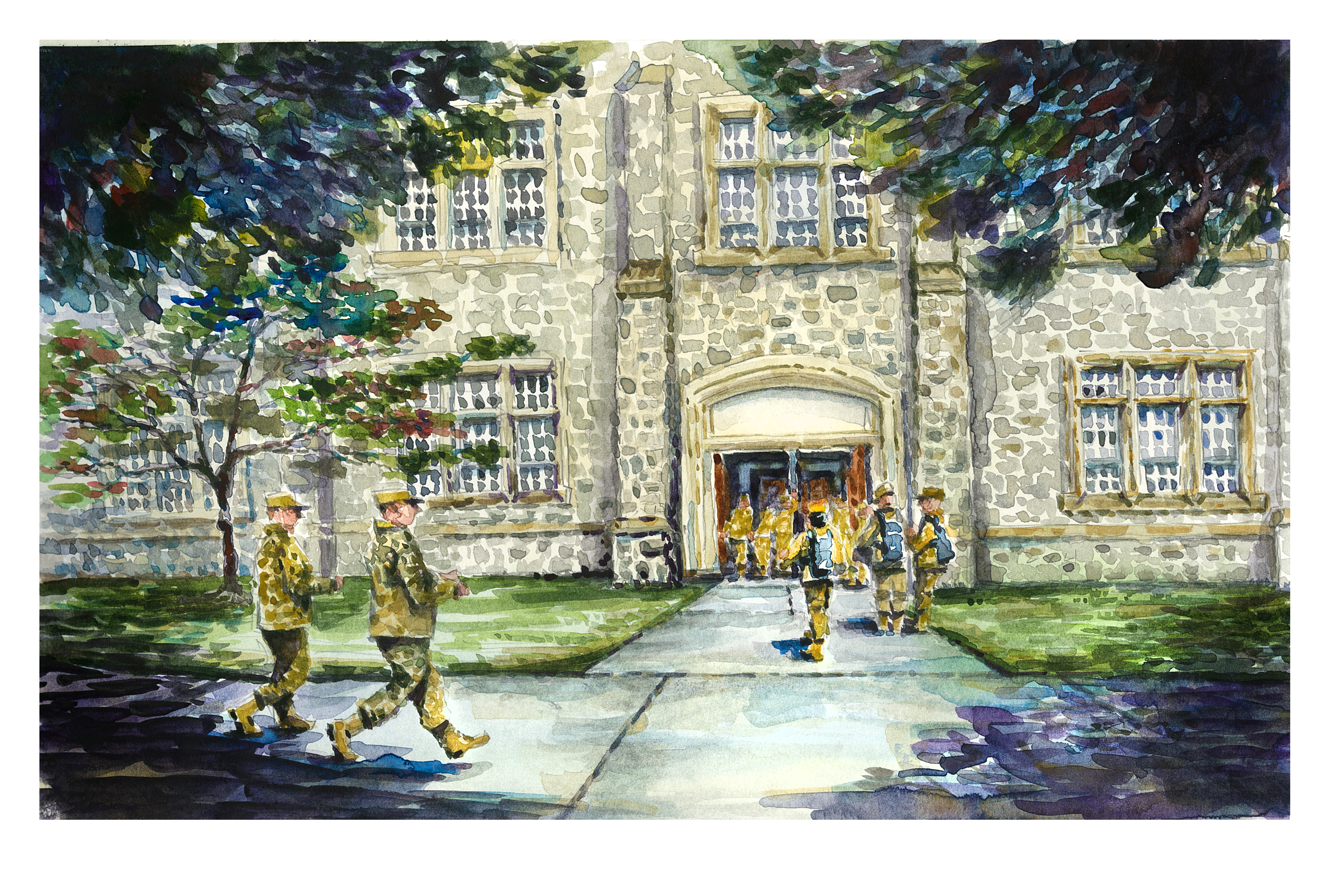 Watercolor sketch of members of the corps of cadets gathering for a leadership panel inside Burruss Hall