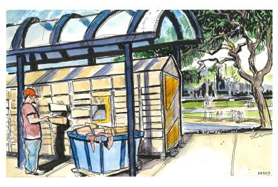 Ink and watercolor sketch of a mail services employee stuffing packages in the PickUPP locker
