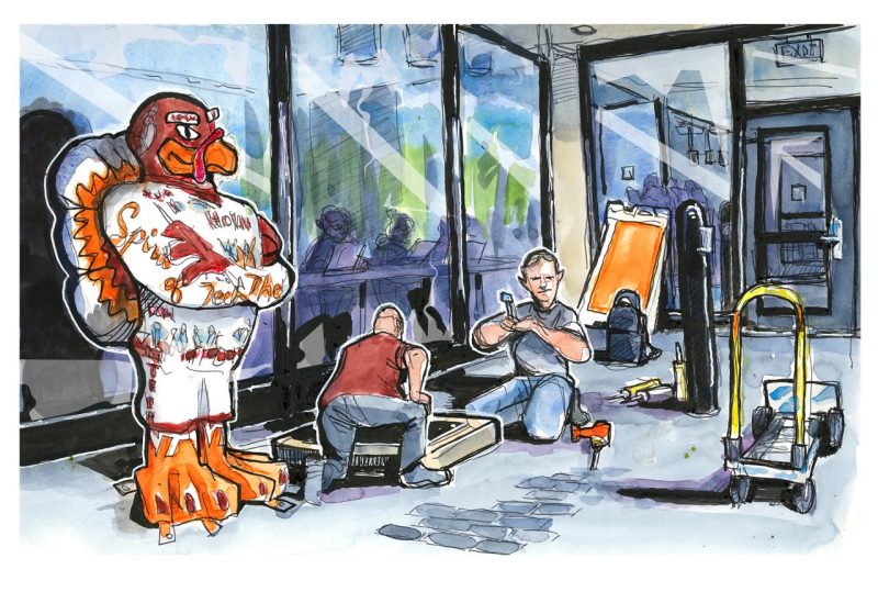 Ink and watercolor sketch of Student Affairs employees installing a HokieBird statude outside Dietrick Hall