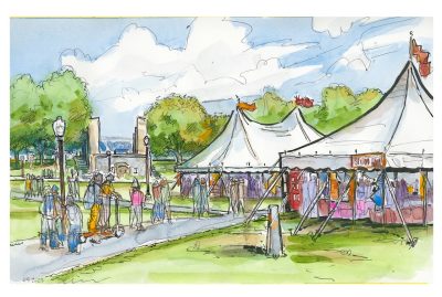 Ink and watercolor sketch of two white tents on the Drillfield for Study Abroad Fair