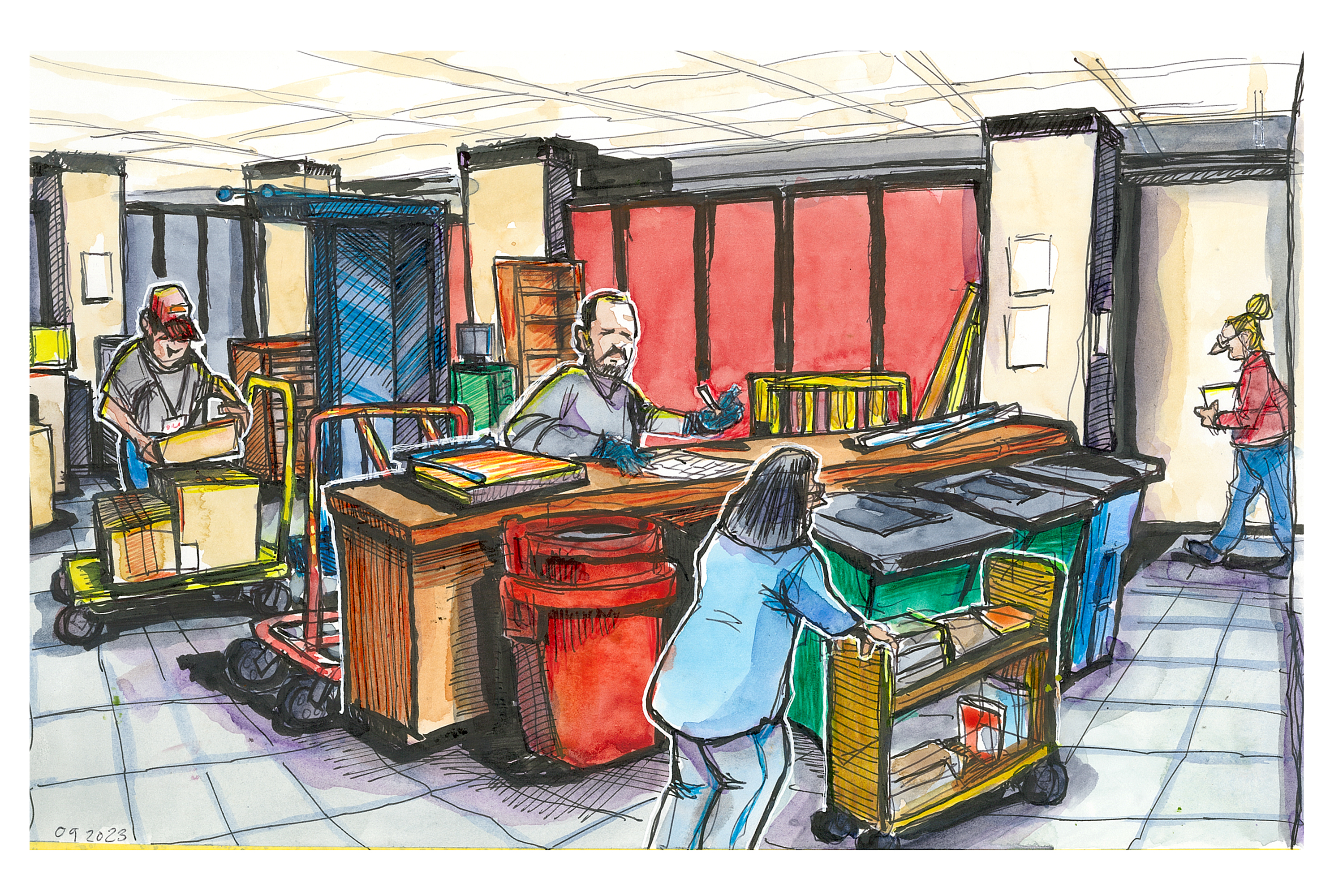 Ink and watercolor sketch of the surplus area inside Newman Library