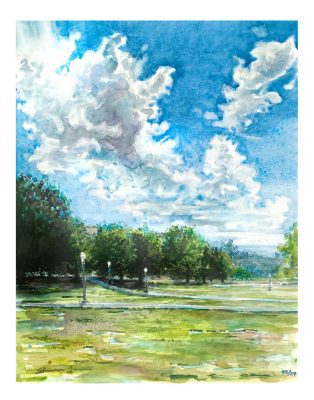 Watercolor sketch of clouds above the west end of the Drillfield