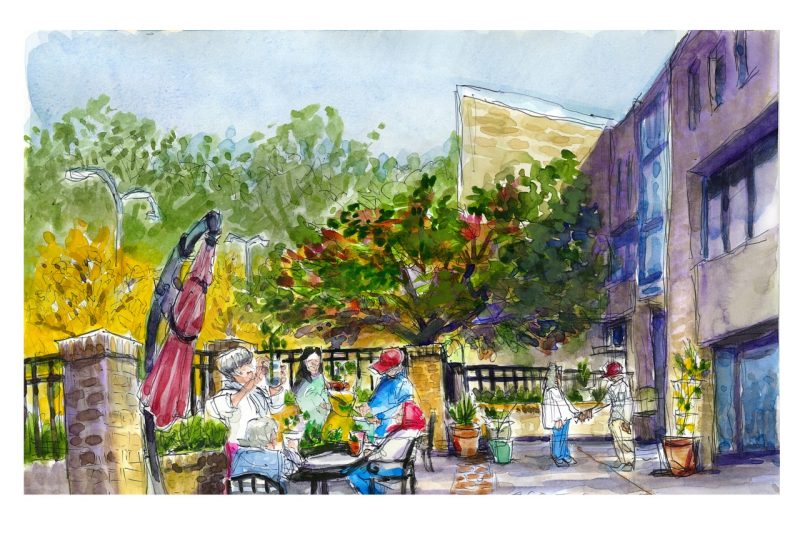 Watercolor sketch of gardening programming at the engagement center for creative aging outside on a patio