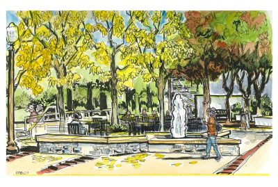 ink and watercolor sketch of the ginkgo trees in Squires Plaza; the 