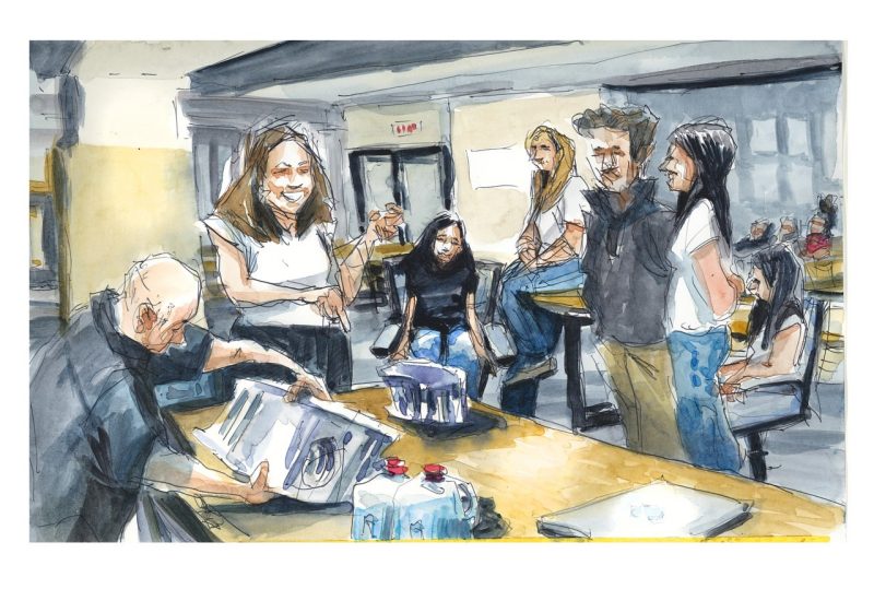 Watercolor sketch of people around a table looking at an interiror design model