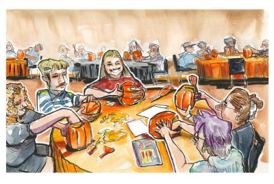 Ink and watercolor sketch of students in Owens Banquet Hall carving pumpkins