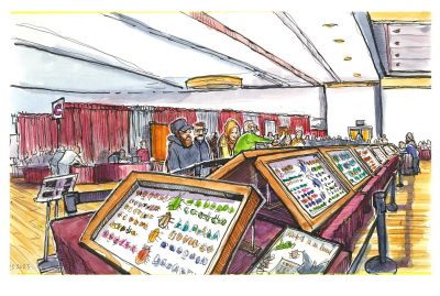 Ink and watercolor sketch of 2023 Bug Fest in Squires Commonwealth Ballroom