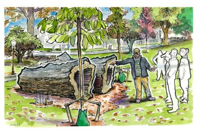 Ink and watercolor sketch of Jamie King, Virginia Tech Arborist, leading a hike on campus of fall trees and foliage