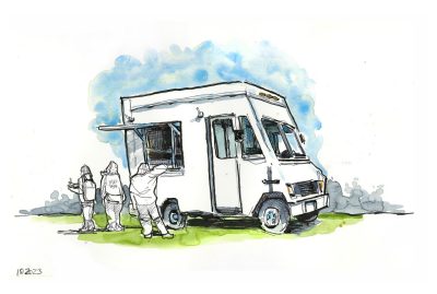 Ink and watercolor sketch of industry partner Rookies Ice Cream of Roanoke food truck at the Dinnig Services Fall Harvest Festival