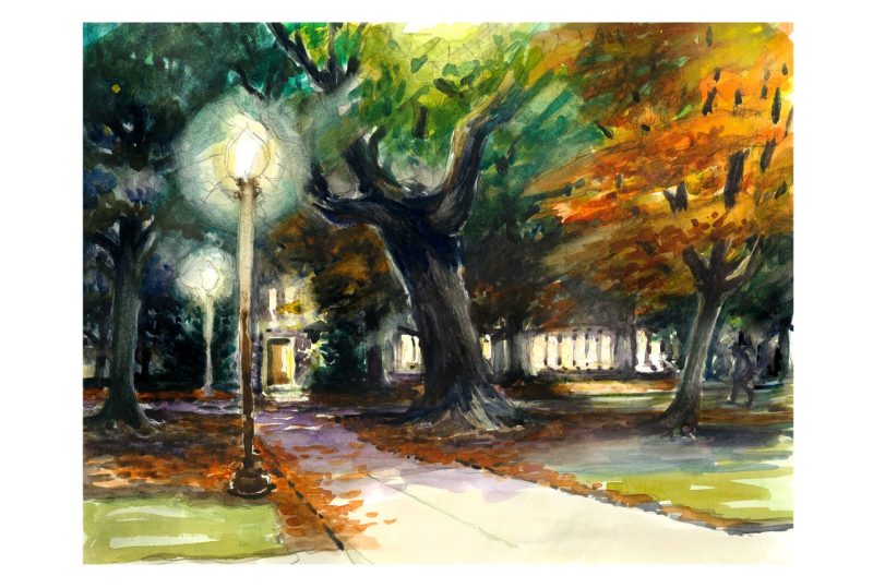 watercolor sketch of the trees behind Williams Hall early in the morning