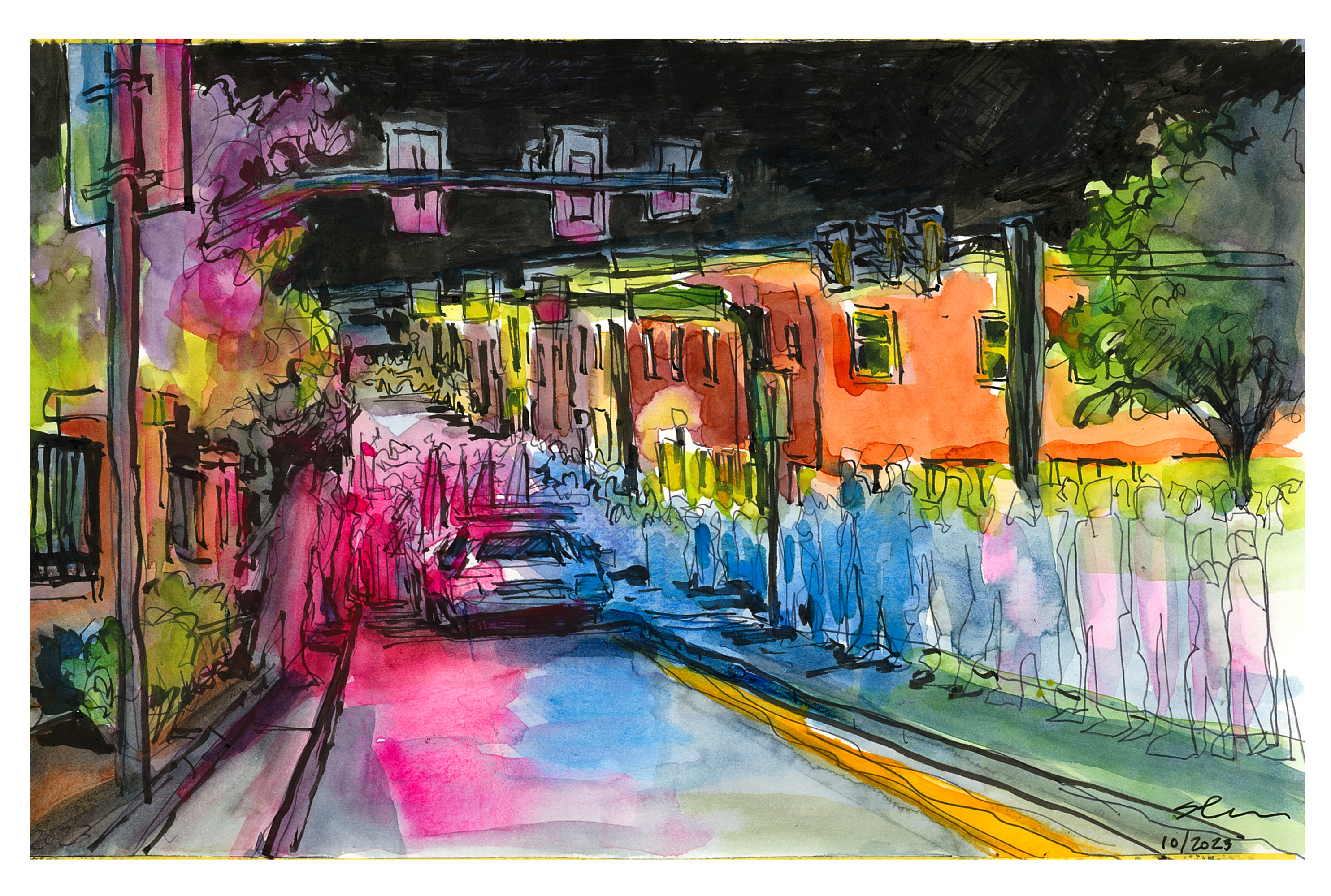 Ink and watercolor sketch of the 2023 Homecomiing Parade on Main Street, Blacksburg