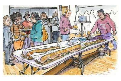 Ink and watercolor sketch of giant subs on folding tables with transfer students grabbing slices