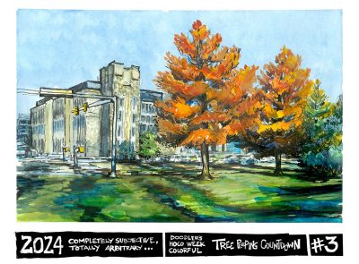 Pen and watercolor sketch of two pin oaks on west campus drive