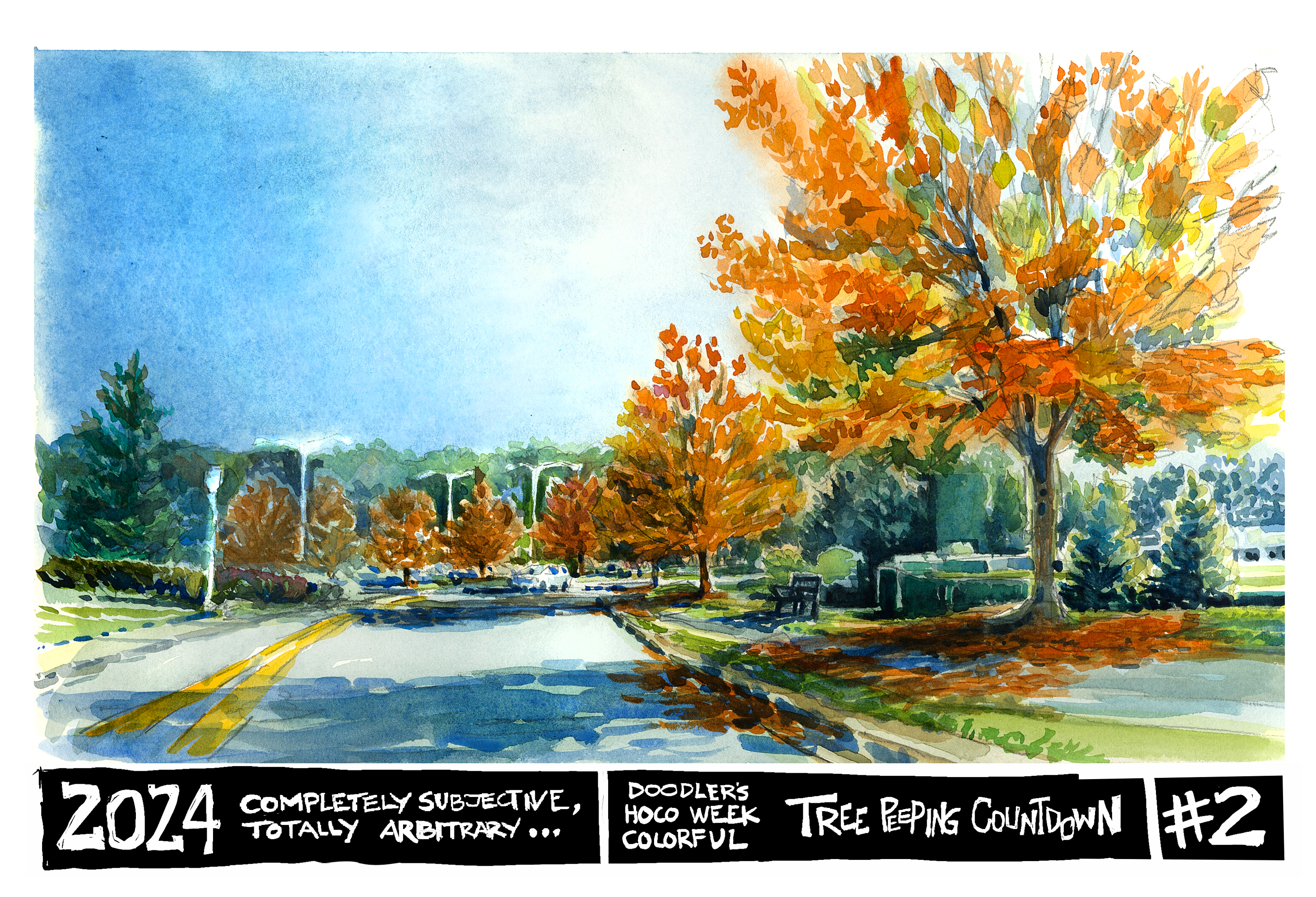 Watercolor sketch of the orange maple trees in front of Lane Stadium on Beamer Way