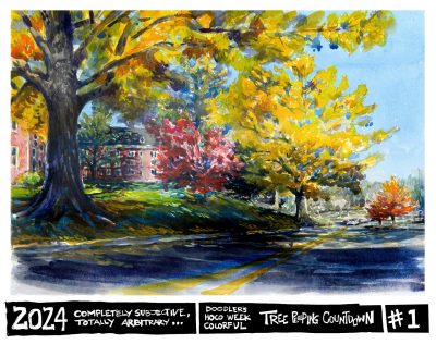 Watercolor sketch of Hillcrest hall with fall colors in the willow oaks