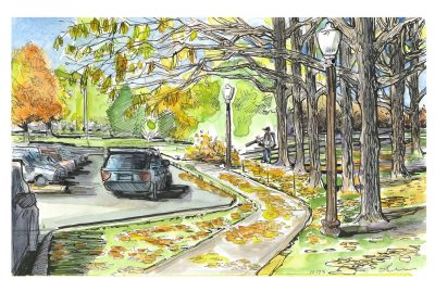 Ink and watercolor sketch of leaf blowing behind Wallace Hall