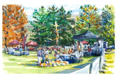 Ink and watercolor sketch of the dietrick lawn with various Virginia Tech housing, dining services, and sustainability organizations with booths and tents