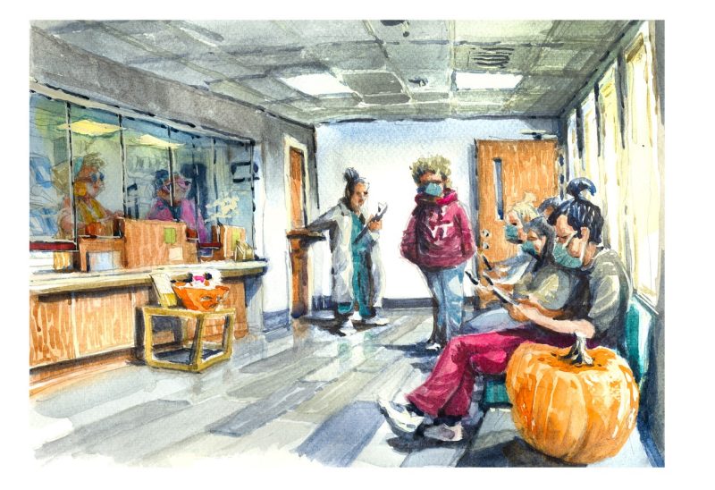 Watercolor sketch of students waiting for the prescriptions at Schiffert Health Center Pharmacy