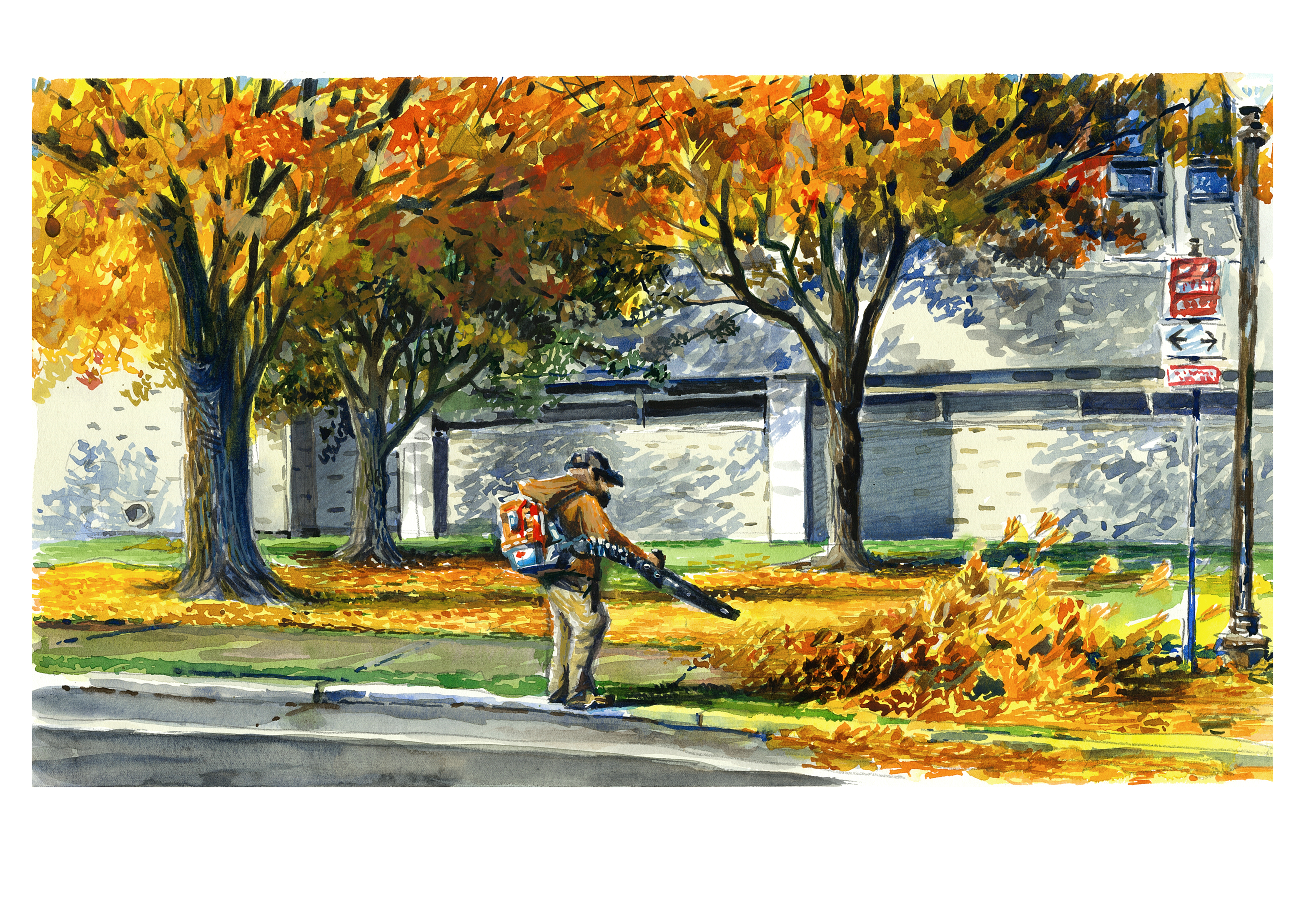 Watercolor sketch of an VT Grounds employee blowing leaves off the Litton-Reeves sidewalk along West Campus Drive