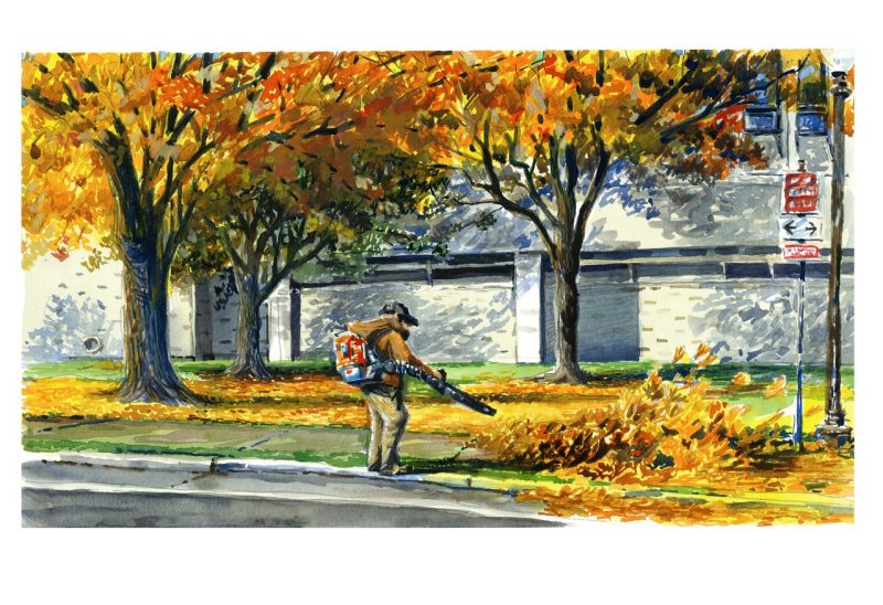 Watercolor sketch of an VT Grounds employee blowing leaves off the Litton-Reeves sidewalk along West Campus Drive