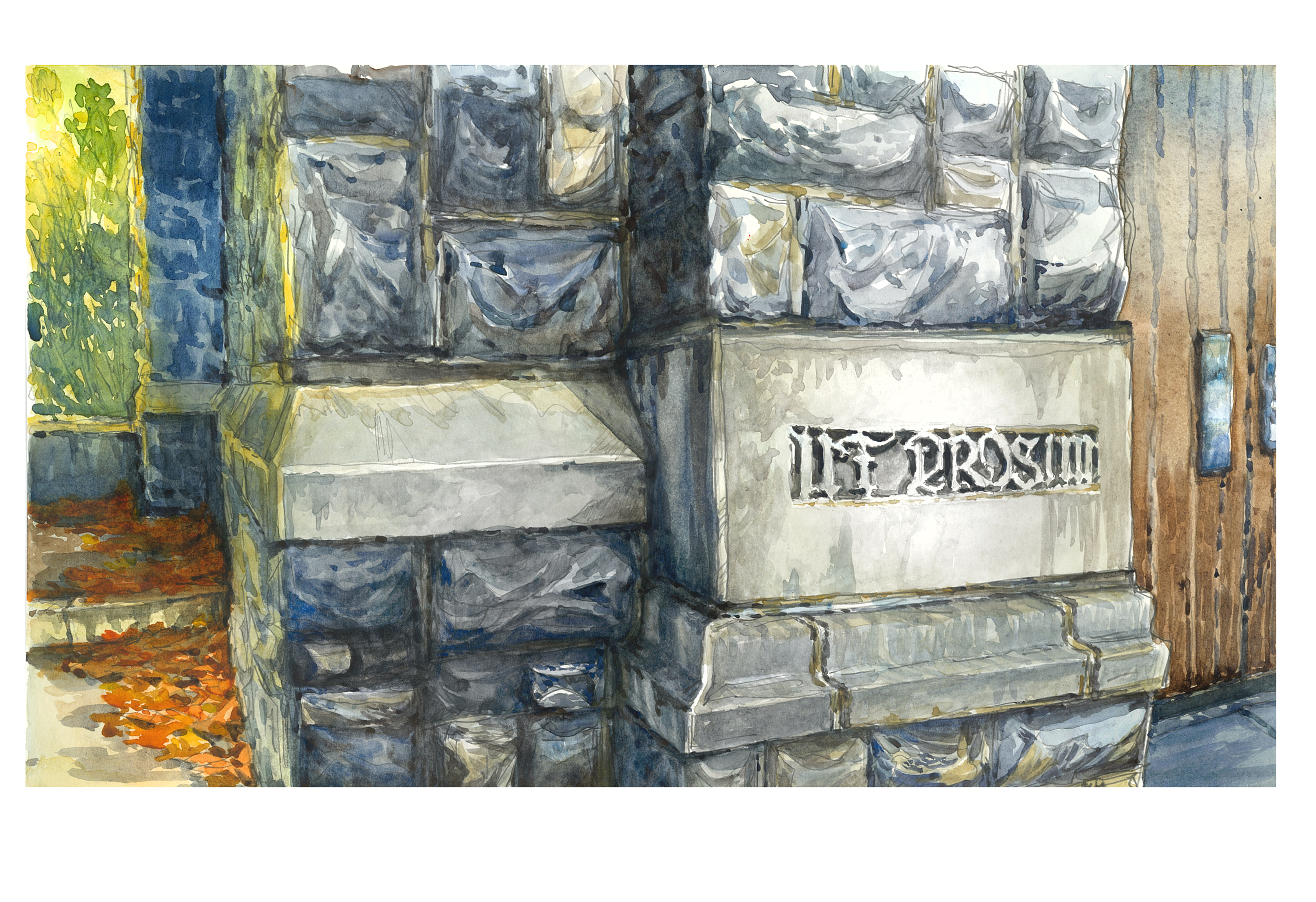 A watercolor sketch of precast concrete 'ut prosim' at an entrance to Engel Hall