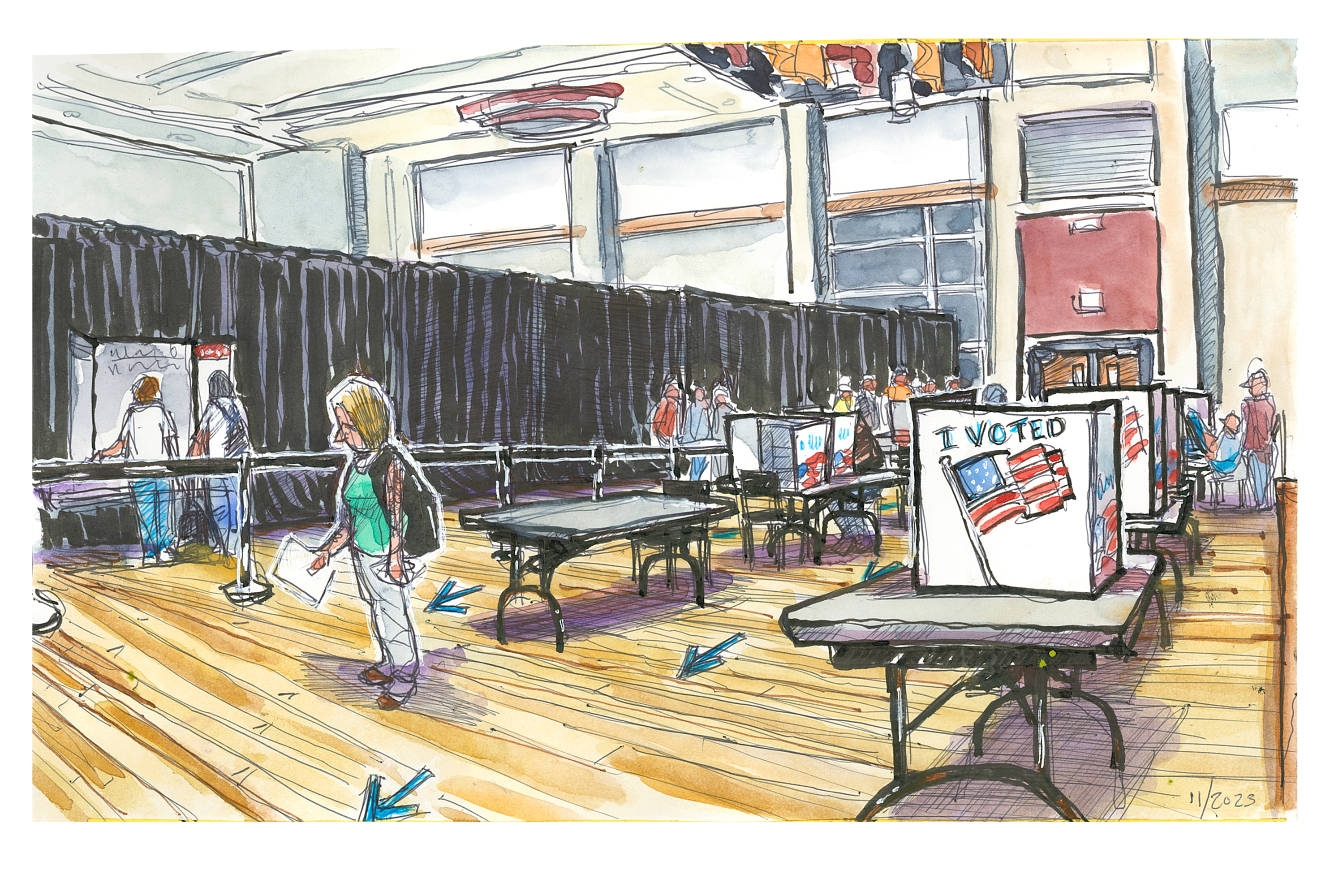 Ink and watercolor sketch of the voter precinct inside Squires Student Center on Election Day