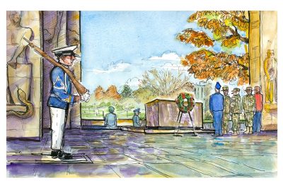Ink and watercolor of the Corps of Cadets practicing the Veterans Day Ceremony at the Pylons