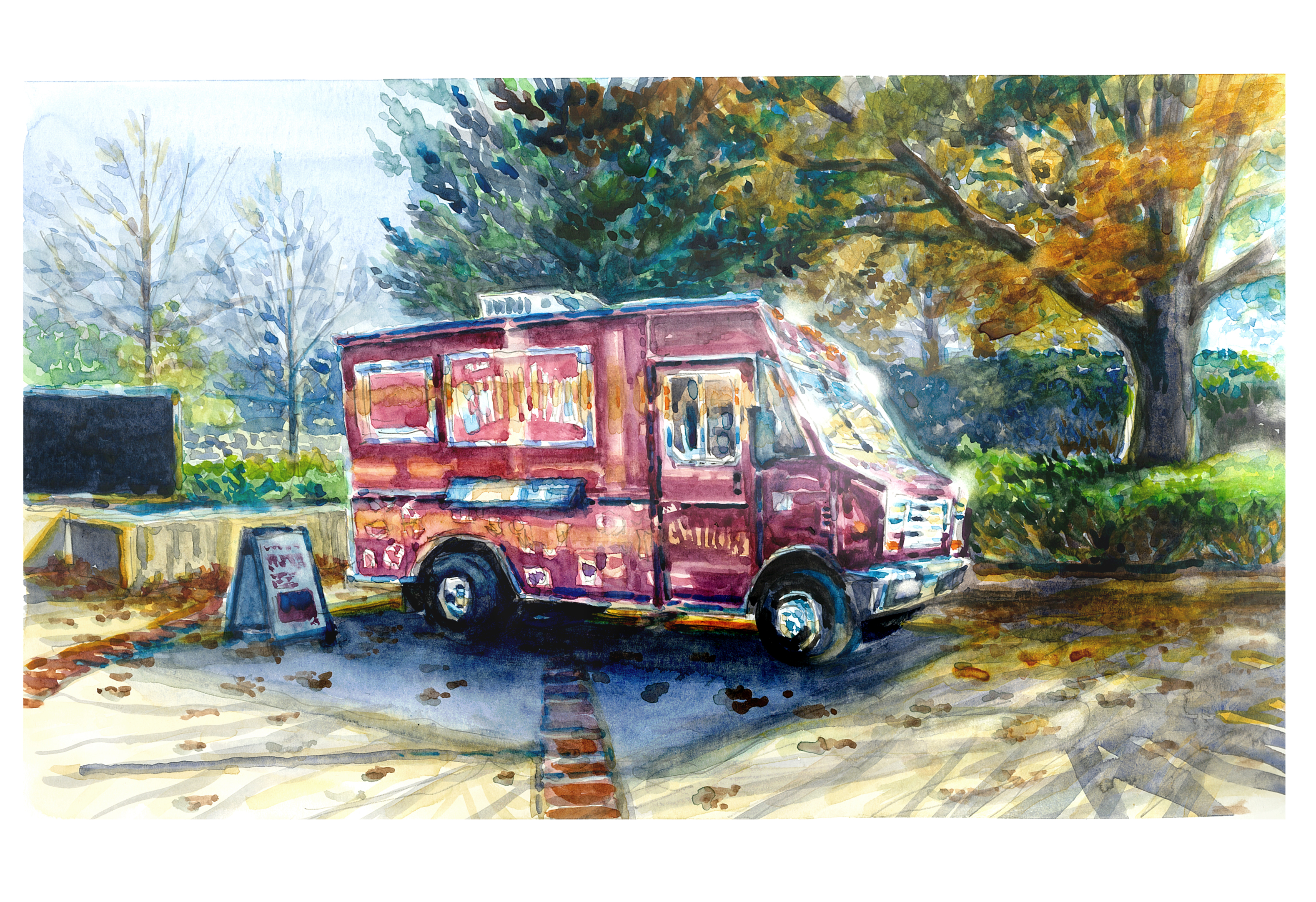 Watercolor sketch of the Chillfield van -- student moble student engagement programming