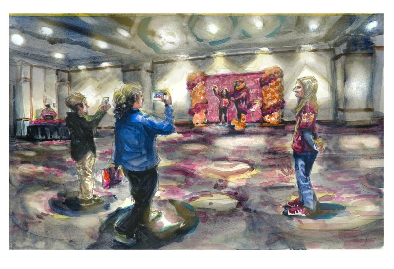 A watercolor sketch of high school students and friends/families attending an admissions on-site program for college decisions