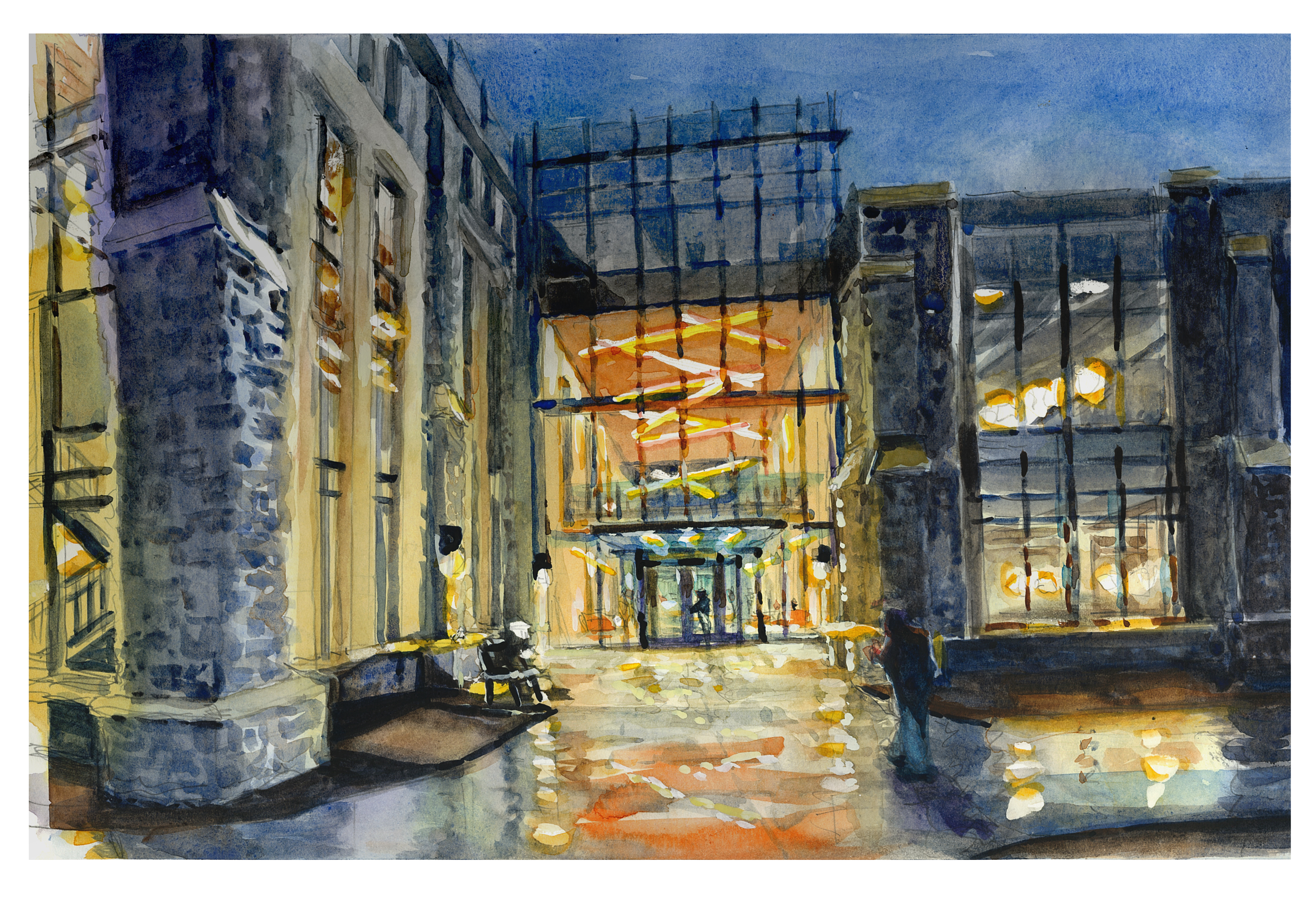 Watercolor sketch of the exteriror of Hitt Hall after a rain