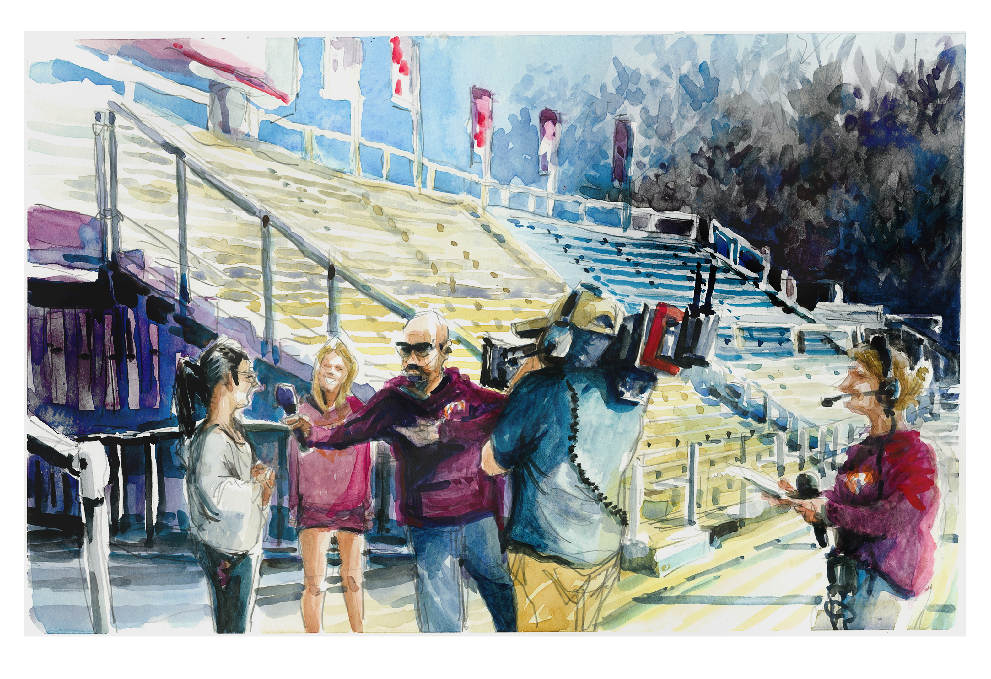 Watercolor sketch of staff of the in-game HokieVision programming team doing a rehersal in Lane Stadium before a home game; empty bleachers are in the background