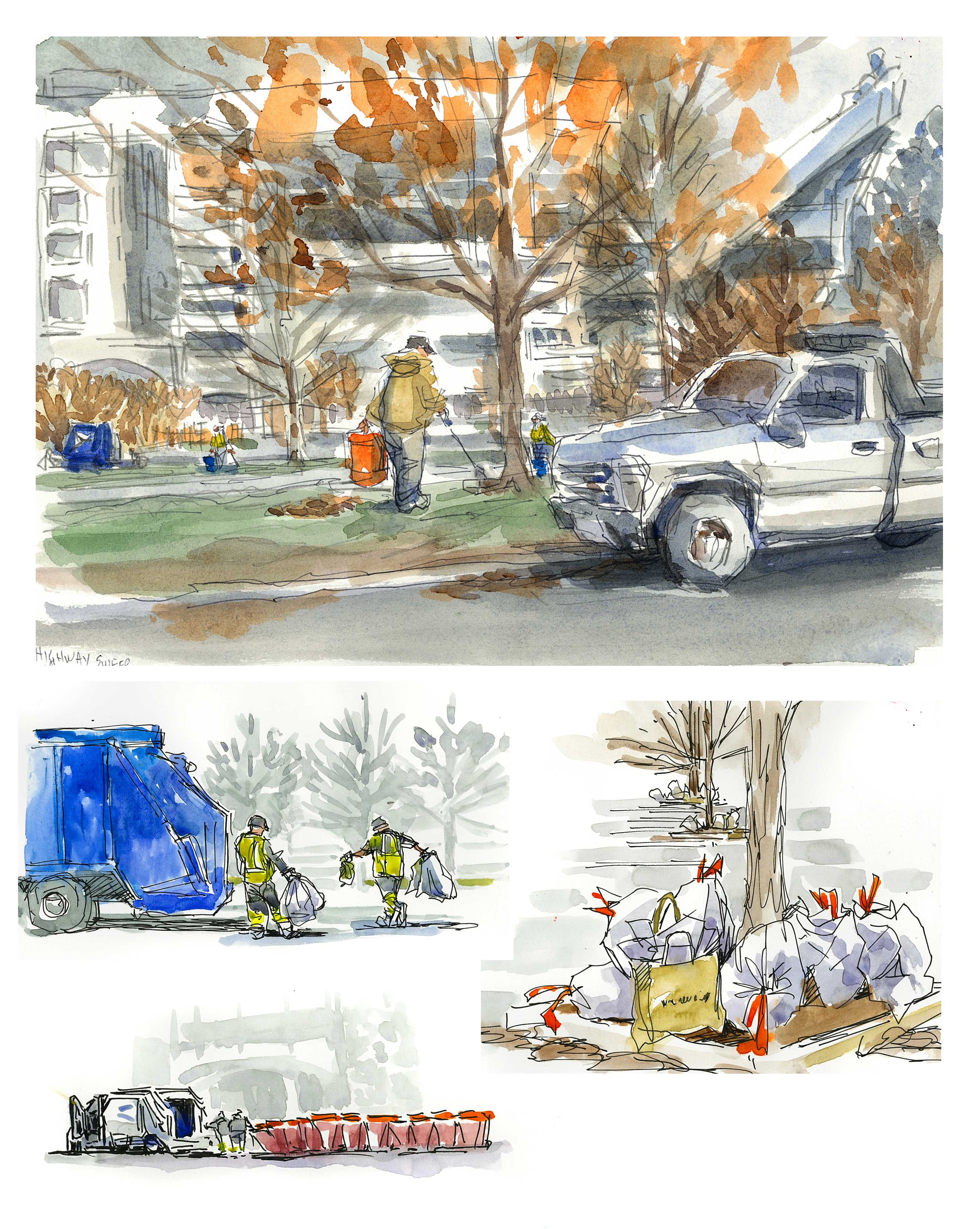 Various sketches of trash clean-up around Lane Stadium on the morning after a recent game