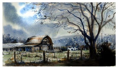 Watercolor sketch of a barn and shed at the Moore Farm on Old Mill Road