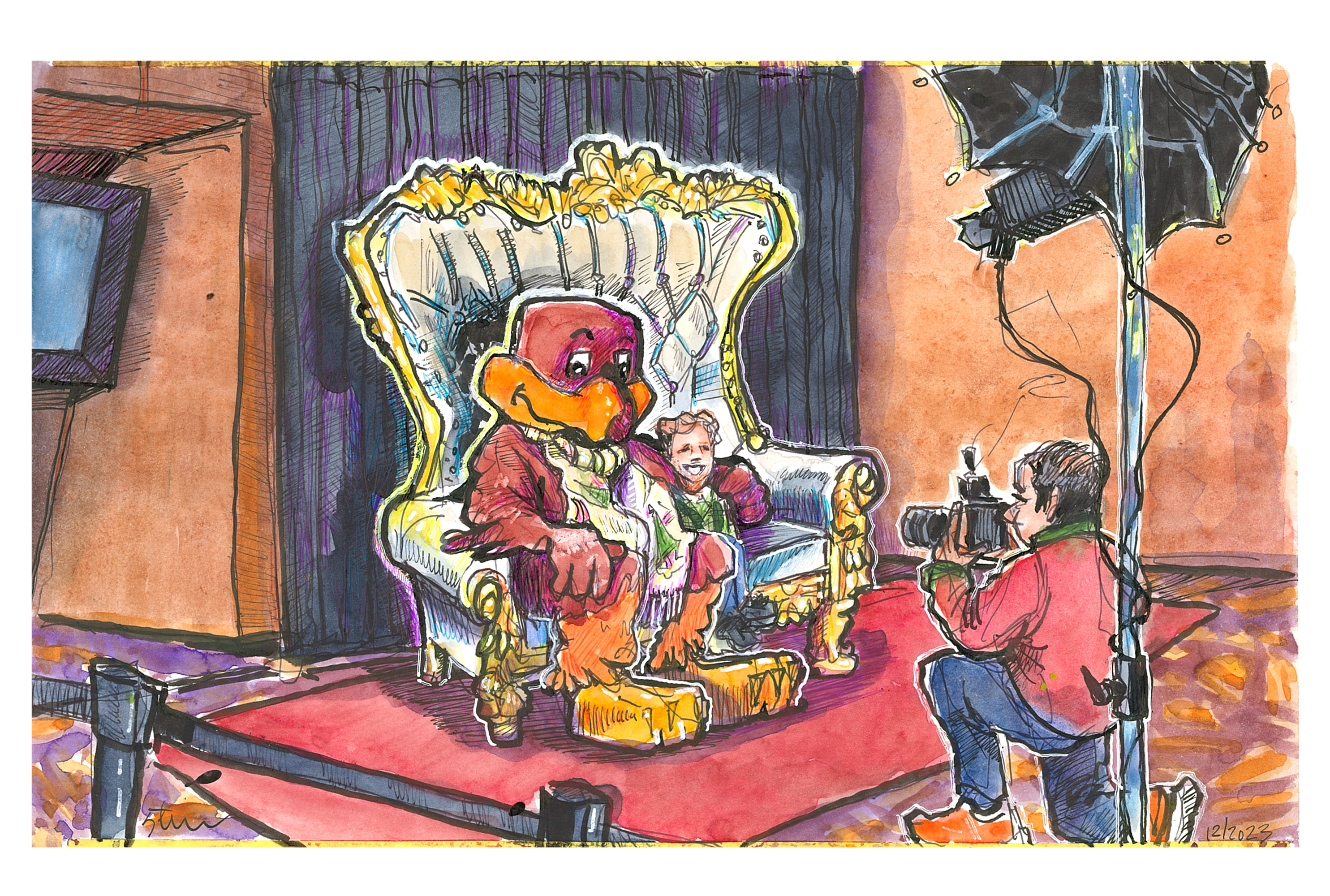 Ink and waatercolor sketch of the Hokie Club Event Holiday Photos with the HokieBird