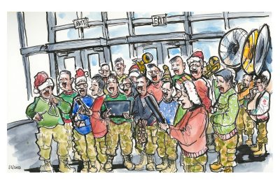 Ink and watercolor sketch of the Corps of Cadets Regimental Marching Band (Highty Tighties) singing carols in the Gateway Center lobby