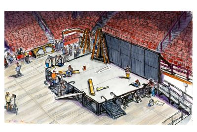 Ink and watercolor sketch of facilities employees assembling the main commencement stage for Fall Commencement 2023