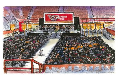 Ink adn watercolor sketch of fall commencement 2023 in Cassell Coliseum