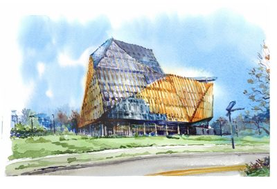 Watercolor sketch of Academic Building One on the Innovation Campus