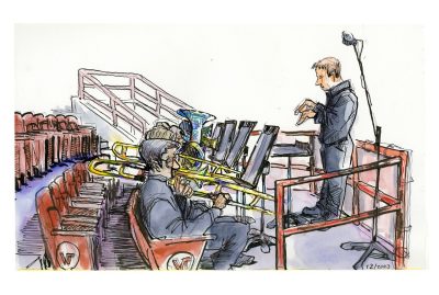 Ink and watercolor sketch of the brass ensemble for the fall commencement 2023 