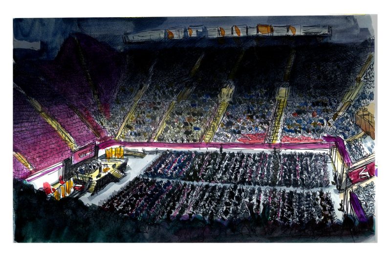 A sketch from Cassell Coliseum 2024 Fall Commencement  a floor full of students in caps and gowns listening to a stage at the front of the room; the stands are full of people 