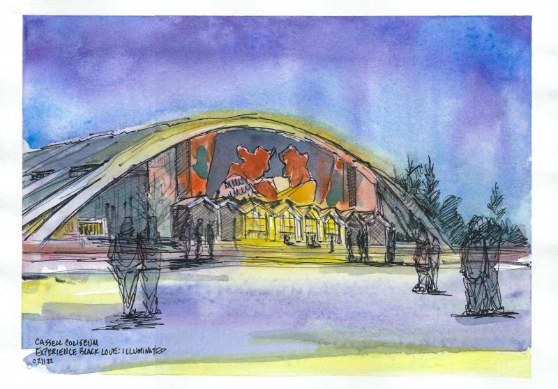Ink and watercolor sketch of Cassell Coliseum with projection of Experience Black Love: Illuminated on exteriror front wall