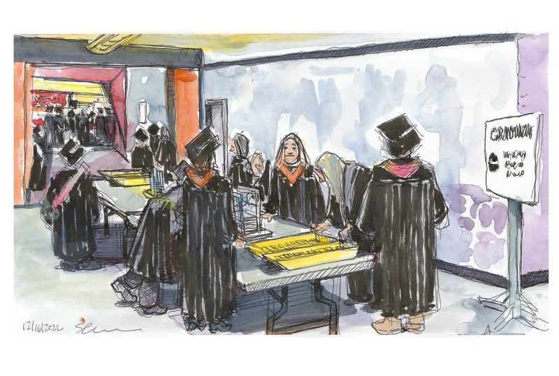 Ink and watercolor sketch of the name card table at commencement inside casselll coliseum