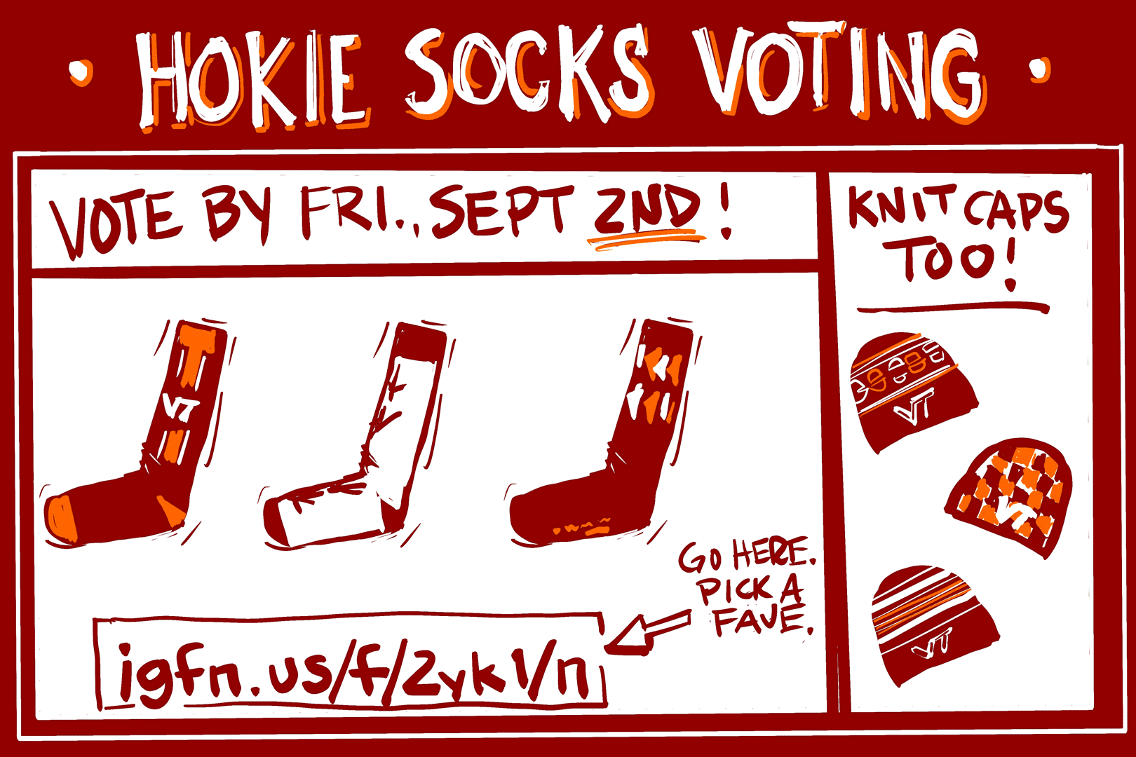 Digital animated sock voting panel with three Hokie socks and three Hokie knit caps