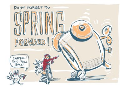 Digintal sketch of the HokieBird on a ladder moving the clock forward for daylight savings
