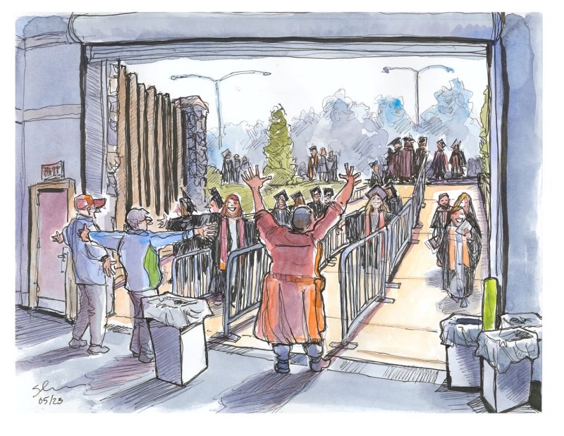 Ink and watercolor of the graduate entrance for University Commencement 2023