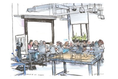 Ink and watercolor sketch of Virginia Tech design students participating in DesignUp 2023 inside a classroom in the Creativity and Innovation District