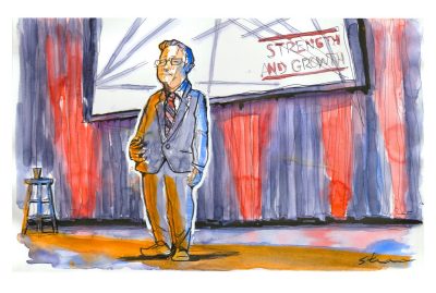 Ink and watercolor sketch of president Tim Sands delivering the State of the University speech